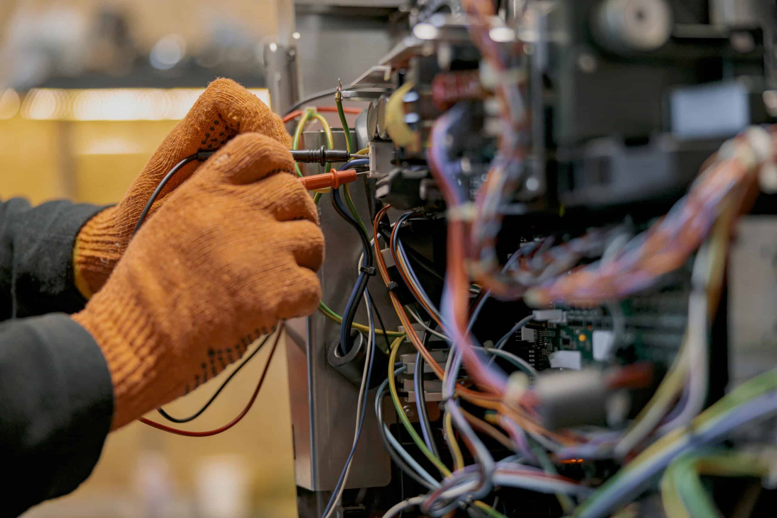 Technicien touchant des fils électriques